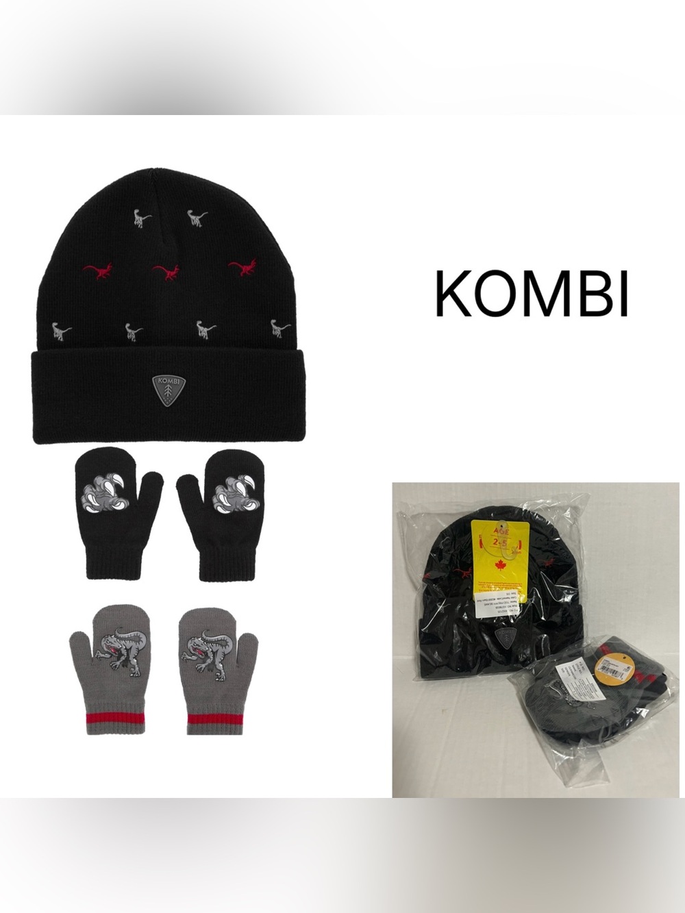 KOMBI - NWT - 2+PCS - TODDLER KIDS / JUNIOR DINOSAUR HAT & MITTENS SET
